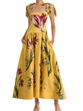 Alice and Olivia Oriana Tie Strap Drop Waist Full Midi Dress